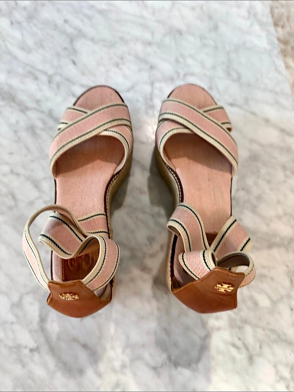 Tory Burch Multi-Strap Espadrille Wedge Pink & Brown